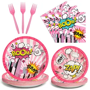96 шт. супер тематические тарелки и салфетки для вечеринок на заказ Розовые комические герои набор посуды супер герой украшения для вечеринки