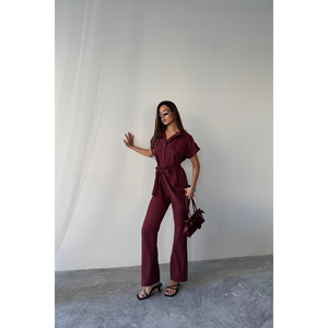 Conjunto Casual de 2 Piezas para Mujer, Blusa y Pantalón de Poliviscosa a Rayas Borgoña, Corte Holgado para Otoño e Invierno - Product Image 2