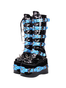 <span class=keywords><strong>Stivali</strong></span> Gotici da <span class=keywords><strong>Donna</strong></span> con Plateau in Pelle Verniciata Nera con Borchie <span class=keywords><strong>Blu</strong></span> e Fibbie a Punta <span class=keywords><strong>Stivali</strong></span> Punk a Metà Polpaccio - Product Image 6