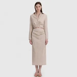 Woman Casual Outfots Plain Ruched Linen Long Sleeve Crop Top And High Waist Midi Skirt 2 Piece Set