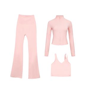 Leggings longs évasés, veste zippée intégrale, soutien-gorge sexy à col en U, vêtements de sport, entraînement respirant, ensemble de yoga 3 pièces, taille XL - Product Image 2