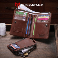 BULLCAPTAIN Dompet Kulit Asli Pria Vintage RFID Blocking Anti-Pencurian Dompet Lipat dengan Jendela ID, Kantong Koin, dan Penutup Ritsleting
