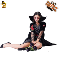 Robe de vampire imprimée de fleurs roses pour femmes, costume de vampire noir pour fête d'Halloween, cosplay pour adultes