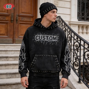 Felpa con Cappuccio Oversize <span class=keywords><strong>Nera</strong></span> con Logo in Strass Personalizzato, Stile Streetwear, Lavaggio Acido, Alta Qualità, Design Sbiadito per <span class=keywords><strong>Uomo</strong></span> - Product Image 3