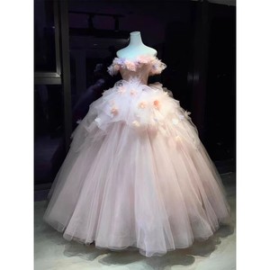 Pink Off The Shoulder Ball Gown Empire Waist Floral Print Prom Dress Princess Style Maxi Skirt - Product Image 1