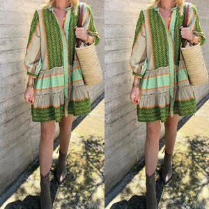 US Venta caliente moda impresa suelta Casual verano playa vacaciones algodón <span class=keywords><strong>Lino</strong></span> siete cuartos manga Vestido <span class=keywords><strong>Mujer</strong></span> - Product Image 2