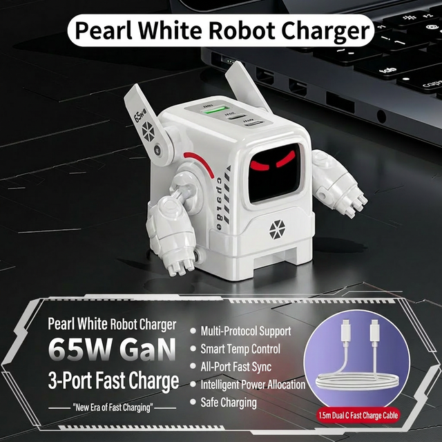 Premium 65W GaN III Charging Hub Unique White Robot Mecha Style Desktop Power Station for High-Performance Device Recovery