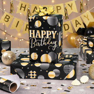 Happy Birthday Wrapping <b>Paper</b> <b>Roll</b> Gold Happy Birthday Lettering Gift <b>Wrap</b> <b>Paper</b> Print with Polka Dots Party Discoball - Product Image 2
