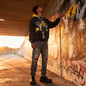 Street Retro Hip-hop Style <b>Acid</b> Washed Cotton Hoodie Custom Digital Graphic Print 3D Embroidery <b>Dropped</b> Shoulder Oversized Boxy - Product Image 3