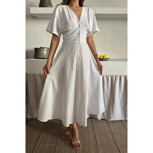 Robe en lin blanc à col en V et boutonnage frontal - Motif uni avec volants - Légère - Printemps - Tailles XS-5XL - ODM pour les fêtes de jour et les occasions spéciales - Product Image 5