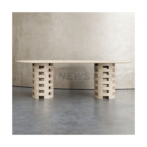 Newstar หินอ่อนร่องโต๊ะรับประทานอาหารทรงรีสีแดงโต๊ะยาว<span class=keywords><strong>96</strong></span>นิ้วหินอ่อน Travertine - Product Image 4