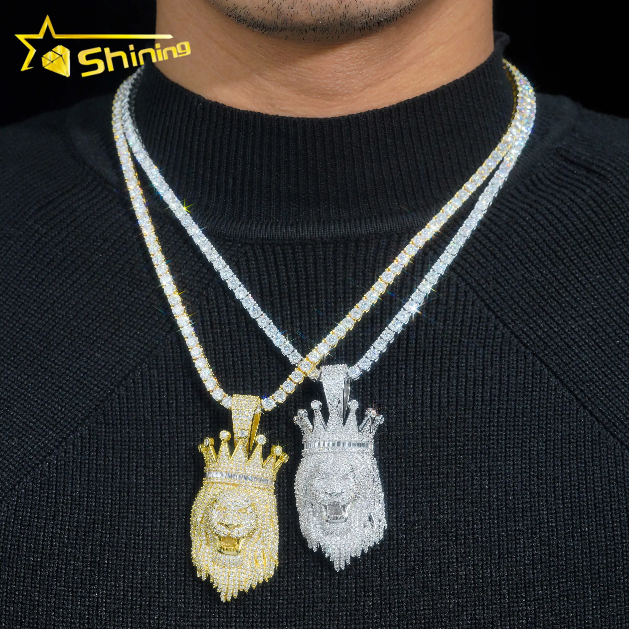 High Quality 925 Sterling Silver Hip Hop Big Moissanite Lion Head Custom Iced Out Pendants