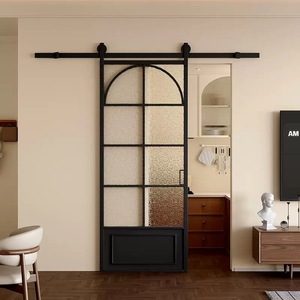 Puerta <span class=keywords><strong>Corredera</strong></span> de Granero de Vidrio Acanalado con Rejilla Arqueada Estilo Vintage Francés, Marco de Metal Negro, Puerta Interior para Cocina o Baño - Product Image 1