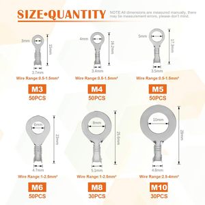 240Pcs Copper Ring <b>Terminal</b> Kit M3.2 M4.2 M5.3 M6.3 M8.4 M10.5 Non Insulated Open Barrel Crimp Connectors Boxed - Product Image 5