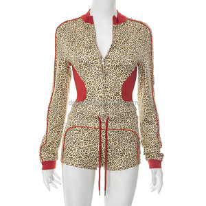 Peeqi D25ST225 nueva moda conjunto de pantalones cortos de dos piezas ropa de mujer estampado de leopardo manga larga cárdigan con cremallera conjunto de pantalones cortos con cordón - Product Image 6