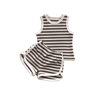 Nuove strisce di cialde ossessionate imposta su misura per bambini estivi senza maniche canotta e pantaloncini con bordi a blocchi di colore - Product Image 2
