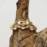 Bague réglable en cuivre électroplaqué, style japonais vintage, pour femme, incrustée de pierres blanches imitation œuf, motif feuille, luxe léger