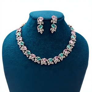 Romantic <b>Silver</b> Plated Alloy Necklace and Earring <b>Set</b> with Pink Green Crystal Rhinestones Plant Pattern for Women Wedding - Product Image 3