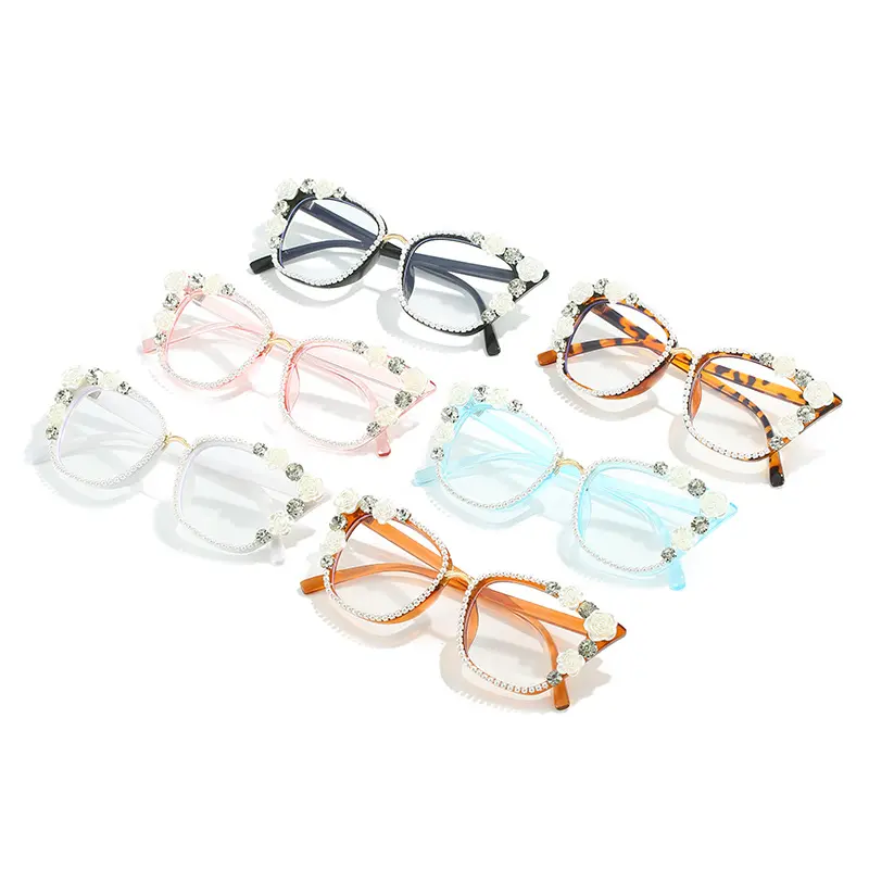 2024 alla moda Cat Eye Anti luce blu montatura per occhiali da vista fatta a mano con diamante intarsiato a specchio piatto con tendenza personalizzata occhiali da sole