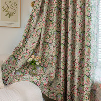 Rideau occultant en polyester vert pâle à imprimé rose vintage avec doublure noire, style américain, pour chambre à coucher et salon