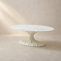 Table Basse Ovale Moderne en Métal et Marbre Artificiel, Design Tendance 2026, Sculpturale, Blanc Mat, Forme Tronc d'Arbre, Personnalisable pour Hôtels