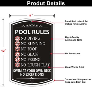 Panneau décoratif de règles de sécurité pour piscine, marqueur durable « Nager à vos propres risques et conséquences » pour piscines privées et commerciales - Product Image 4