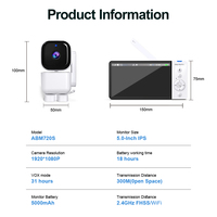 Caméra de surveillance pour bébé ABM720S, vente en gros OEM, 5 pouces, 1080P, WiFi, PTZ, audio bidirectionnel, vision nocturne infrarouge, détection sonore, contrôle par application