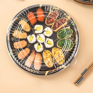 KY-251 Nampan Sushi Plastik Sekali Pakai Bulat Emas 25cm Baru dengan Tutup Anti Embun Wadah Penyimpanan Makanan Penutup - Product Image 3
