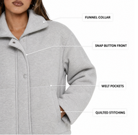 Manteau court matelassé personnalisé pour femme, 200g de rembourrage, col montant, gris chiné, fermeture éclair et boutons-pression, coupe ample, veste d'hiver pour femme