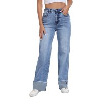 Jean en denim délavé coupe droite pour femme avec ourlet déchiré et effet whiskers – Pantalon tendance pour femme