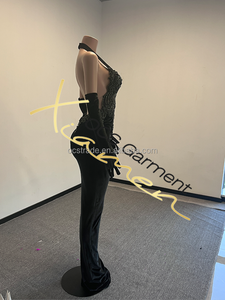 Strass abiti da compleanno donna con guanti lunghi aderenti scollo capestro senza schienale abiti da sera neri eleganti - Product Image 3