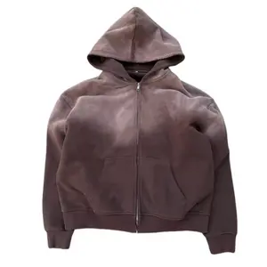 OEM Custom Men's Heavyweight High Quality Sun faded Washed Blank Brown Gray Cut and Sew Zipper Hoodies Jumpers