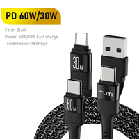 Kabel TUTI Berkualitas Tinggi Tembaga Murni 1.8m 60W 3A Pengisian Cepat Tipe-C Nylon USB 4-in-1 untuk Ponsel