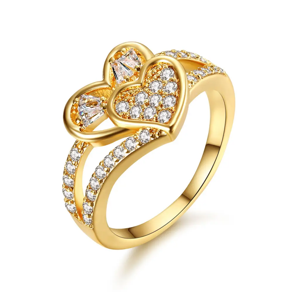 패션 도매 미국 금 도금 포장 다이아몬드 심장 반지 18k 금 도금 절묘한 손가락 반지 여자 보석