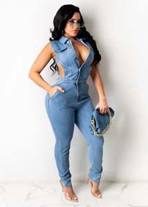 Évider Demin solide Stand femmes décontracté été sans manches Sexy Club fête une pièce combinaison avec poches - Product Image 2