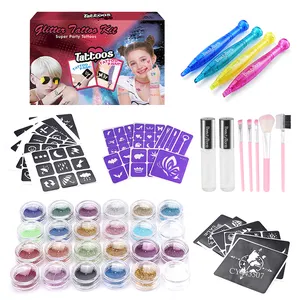 Fashion Girl Temporary Glitter Tattoos Kit 24 Glitter Colors Stencil Stickers Temporary Tattoo Body Tattoo Make Up Toys