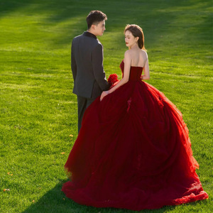 Dark Red Strapless Ball Gown Wedding Dress Empire Waistline Tulle Netting Fabric Simple Fashion Element - Product Image 3
