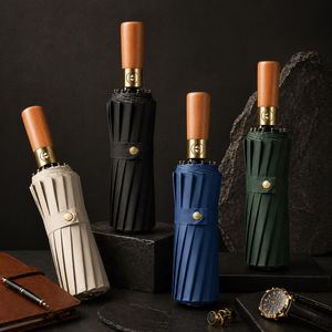 Parapluie pliant en trois sections avec manche en bois à 16 baleines, ouverture automatique, protection UPF50, revêtement noir, coupe-vent, pour affaires et voyages, personnalisable avec logo, vente en gros - Product Image 1