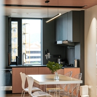 Meubles de cuisine modernes personnalisés et îlot avec portes vitrées, conception modulaire pour salle à manger et cave à vin, robinet inclus