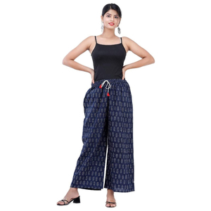 Comprar Pantalones Palazzo de Rayón Estampado Azul Marino, Talla Única, Pierna Ancha, Estilo Casual Étnico para Mujer - Product Image 1