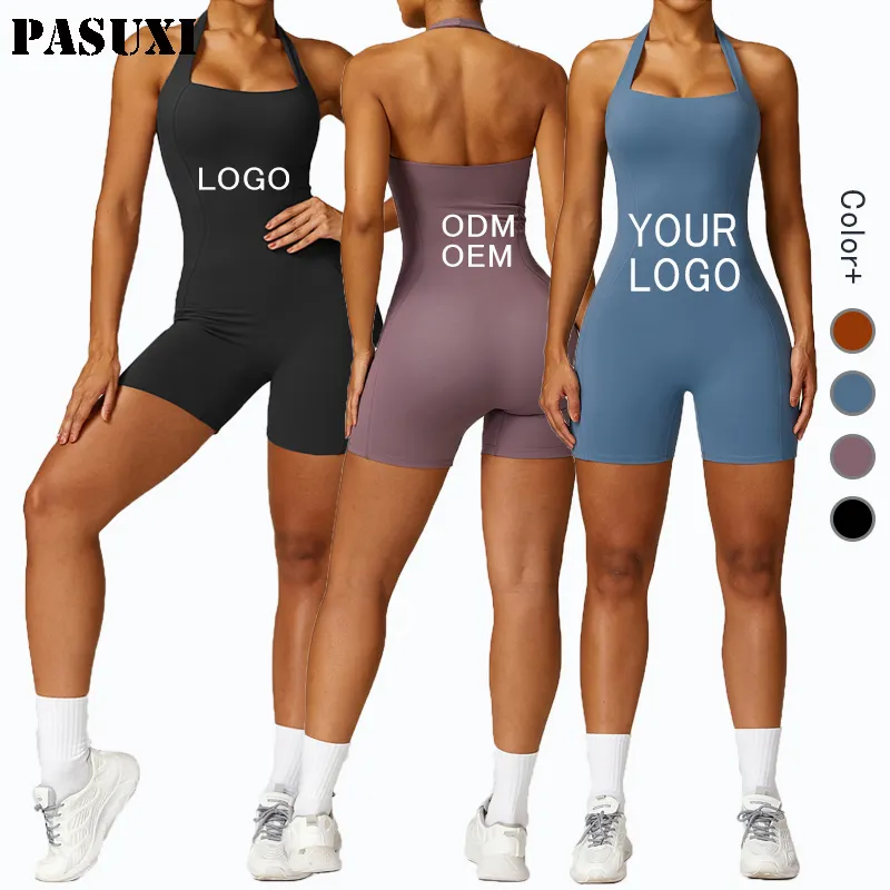 Pasuxi Op Maat Gemaakte Logo Romper Strakke Dunne Outdoor Sport Mouwloze Gym Fitness Bodysuit Eendelig Yoga Jumpsuit Vrouwen