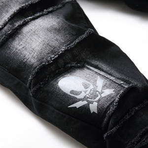 Jeans à logo personnalisé Fabricants de jeans design à trous évasés Jeans en jean <span class=keywords><strong>skinny</strong></span> stretch <span class=keywords><strong>noir</strong></span> imprimé tête de mort pour hommes - Product Image 5