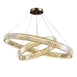 Modern Crystal Chandelier Circle anel Luminária Teto LED Ajustável Cobre 1/2/3 Anéis suspensão Lustres lâmpada de vidro