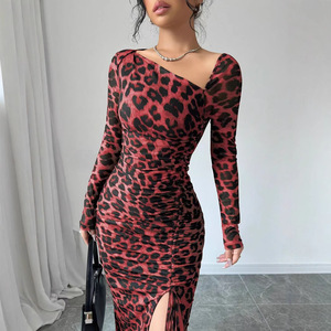 Abito da donna sexy a maniche lunghe con stampa leopardata, girocollo, a vita alta e vestibilità slim, stile europeo-americano, per il nuovo mercato transfrontaliero - Product Image 3