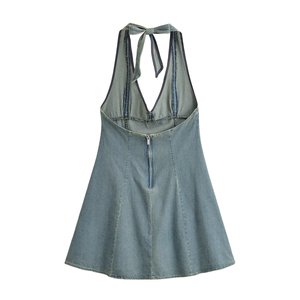 Vestido Mini Halter sin Espalda Lavado para Mujer 2026, Vestido de Verano Ajustado con Cuello en V y Detalle de Lazo, OEM/ODM de Fábrica China - Product Image 2