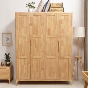 Nordic Style Solid Wood <b>Wardrobe</b> 4 Doors <b>Large</b> Capacity Bedroom Furniture Natural Wood Color Hinged Door Design - Product Image 1
