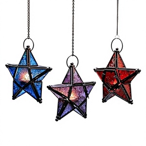 <b>Star</b> Shape Iron Hanging Tea <b>Light</b> Candle Holder With Stained Glass Design For Home Christmas Holiday Decoration - Product Image 1