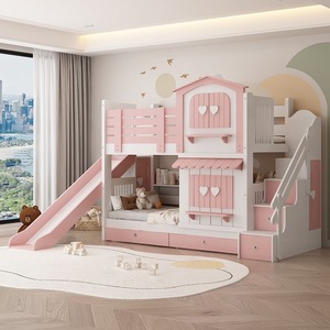 Lit superposé en bois pour filles, style <span class=keywords><strong>château</strong></span> <span class=keywords><strong>de</strong></span> princesse, avec toboggan, rangement, escalier, tiroirs sous le lit et étagères, mobilier <span class=keywords><strong>de</strong></span> chambre d'enfant - Product Image 5