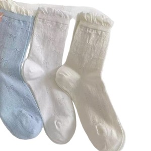 Women Mid-Calf <b>Socks</b> With Bow Pattern Breathable Lace Trim Spring Summer Thin Hollow Out Ballet Style <b>Socks</b> - Product Image 4