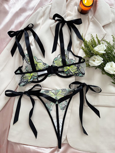 Wholesale Green Butterfly Embroidery Lace Lingerie Set Sexy Sheer Mesh Underwire <b>Bra</b> and Tie <b>Straps</b> Thong Set Underwear Set - Product Image 4